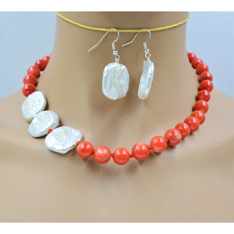 The last 10mm natural coral. Giant Baroque Pearl Necklace Earring Set 18”