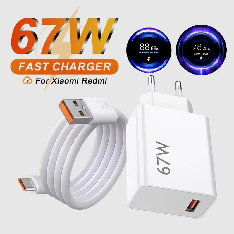 6A Ultra Fast Charging 67W EU Wall Charger for Xiaomi 11 12 13T 14 Redmi Note 10 11T 12 13 Pro POCO F4 F5 X4 X5 Type C USB Cable