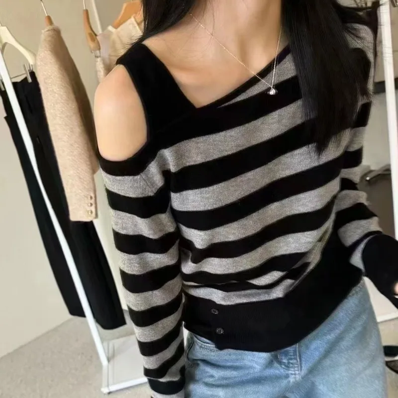 

OCEANLOVE Y2k Clothes Woman Sweaters Stripes Skew Collar Autumn Winter Short Pullovers Korean Fashion Retro Pulls Femmes