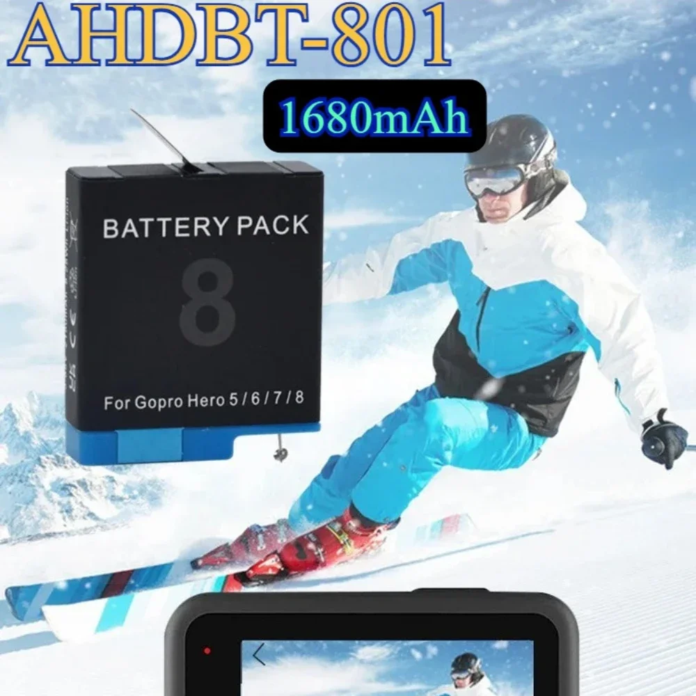 Paquete de 2 baterías de AHDBT-801 para GoPro Hero 8 7 6 5, batería recargable de iones de litio de 1680mAh con protección segura, batería de grabación larga