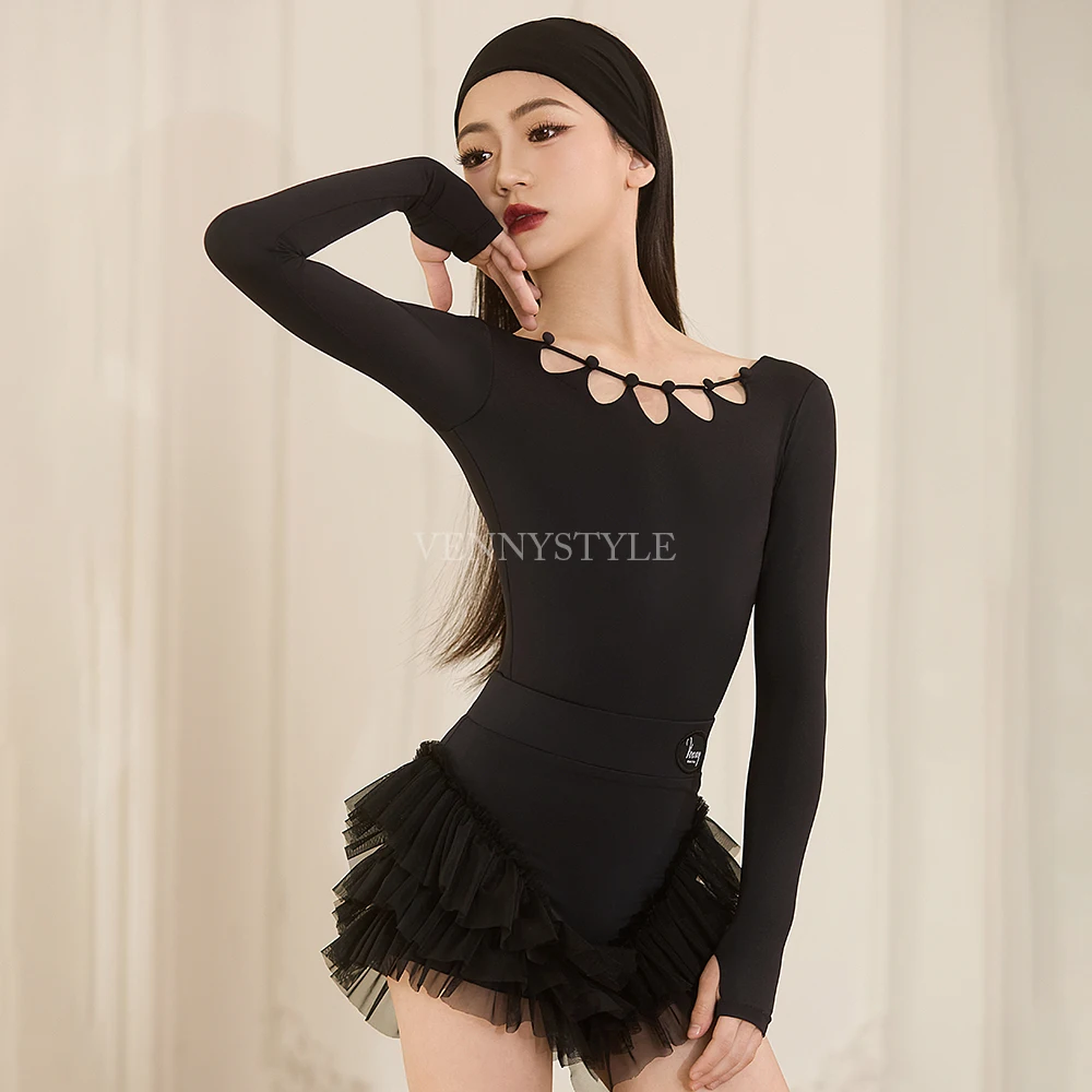 فستان رقص لاتيني للسيدات بأكمام طويلة، مجموعة توب وتنورة للأداء والتدريب على أزياء الرقص في قاعة الرقص #1