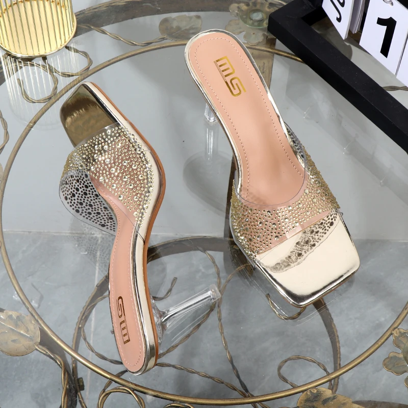 Transparent slippers woman summer2022 rhinestones Outdoor women's shoes thin heels high heels sexy luxury designer sandals 8.5CM