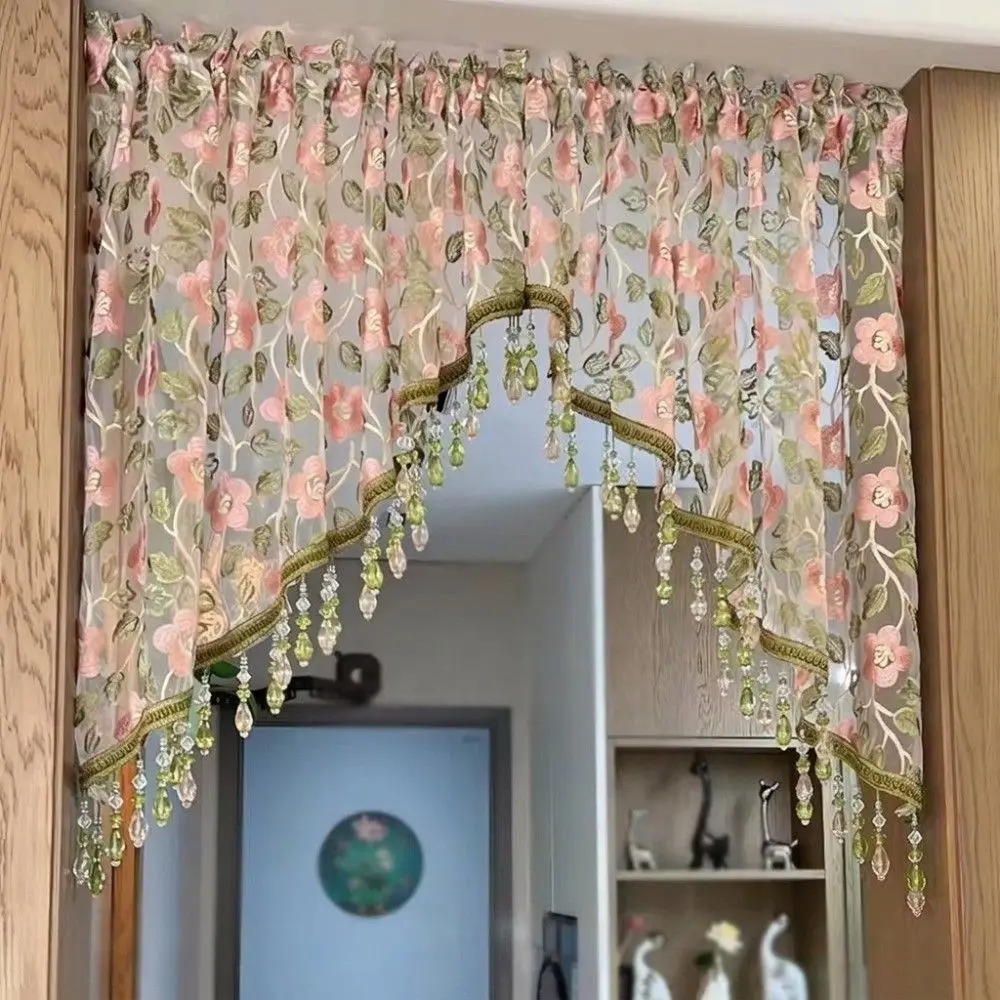 French Style Vintage Half Curtain Romantic With Beaded Flower Tulle Kitchen Curtain Elegant Bohemian Lace Door Curtain Window