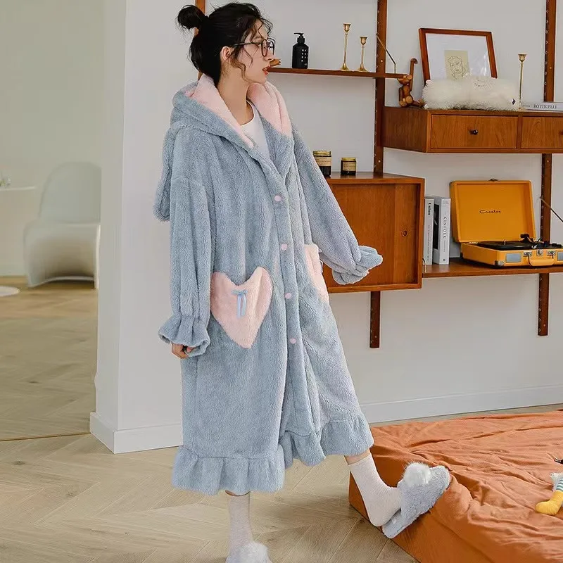 

Winter Flannel Hooded Nightgowns Blue Pink Kawaii Women Warm Long Nightdresses Cute Loungewear Large Size Bath Robe Sleepshirts
