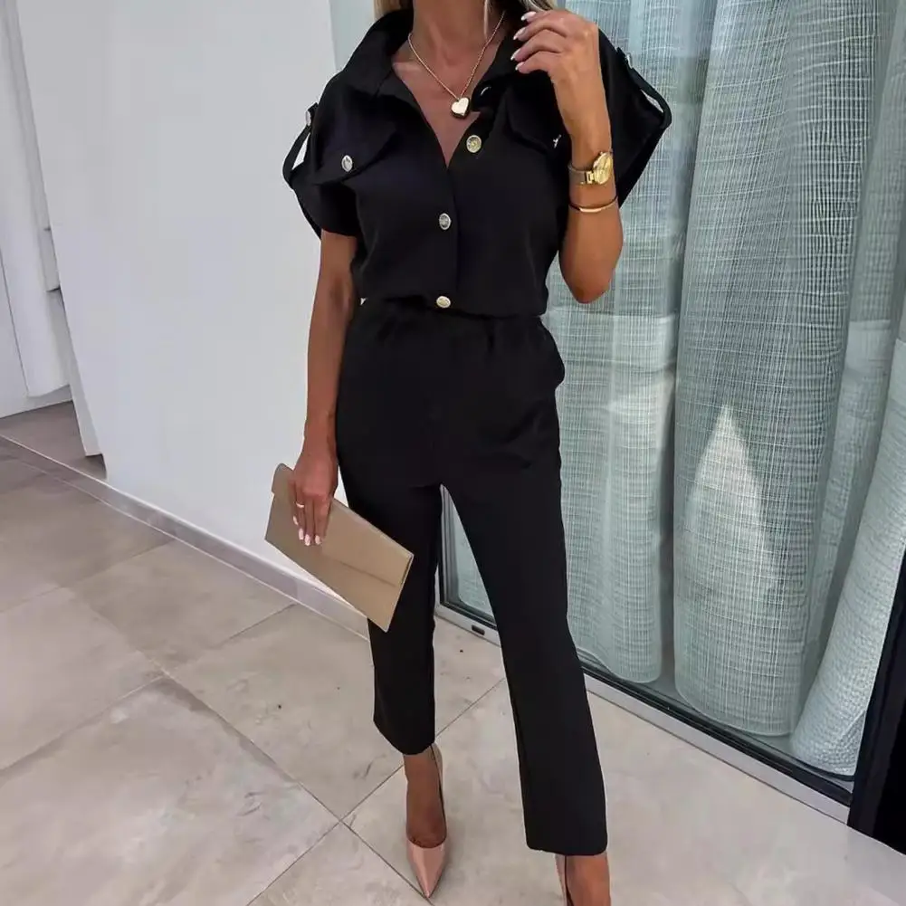 

Summer Jumpsuit Women Elastic Jumpsuit Formal Business Women's Jumpsuit Slim Fit V Neck High Waist Side Pockets for Office