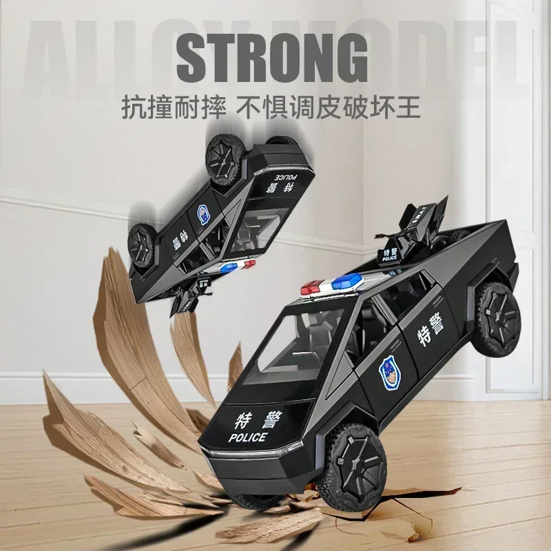 Coche de policía Tesla pickup 1:24, modelo de aleación de Metal fundido a presión de alta simulación, luz de sonido, colección extraíble, regalos de juguetes para niños