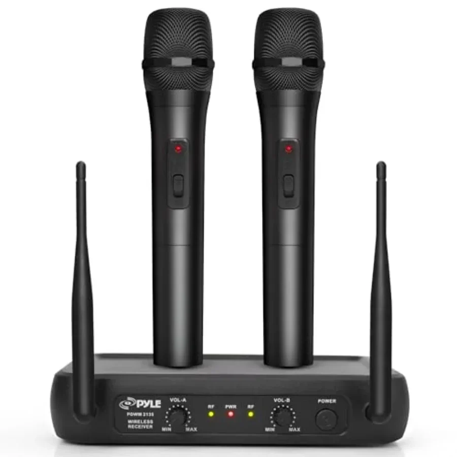 Channel Microphone System-VHF Fixed Dual Frequency Wireless Set with 2 Handheld Dynamic Transmitter Mics, Receiver Base-for PA,