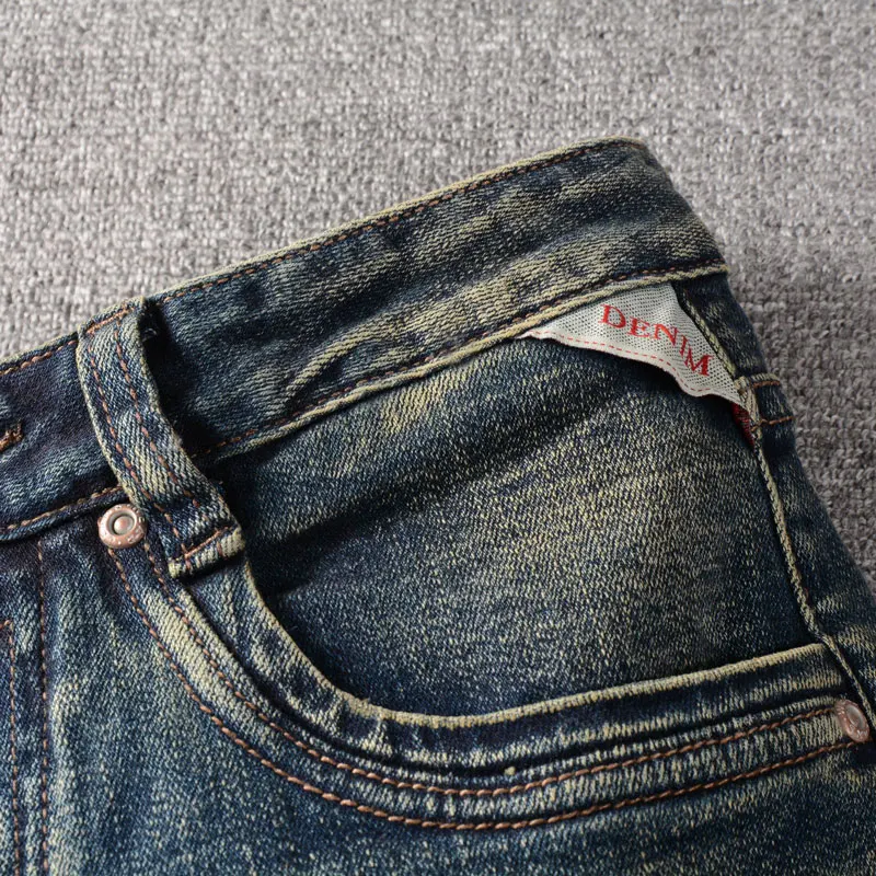 Fashion Designer Men Jeans Retro Blue Elastic Slim Fit Hole Ripped Jeans Men Embroidery Patch Vintage Casual Denim Pants Hombre