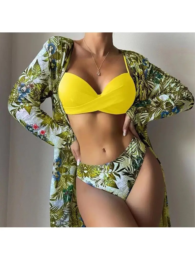 

High Waist Me Coverup Bikini Set Tee Piece Swimsuit Floral Print Gathered Nylon Fabric with Steel Support And Chest Pad