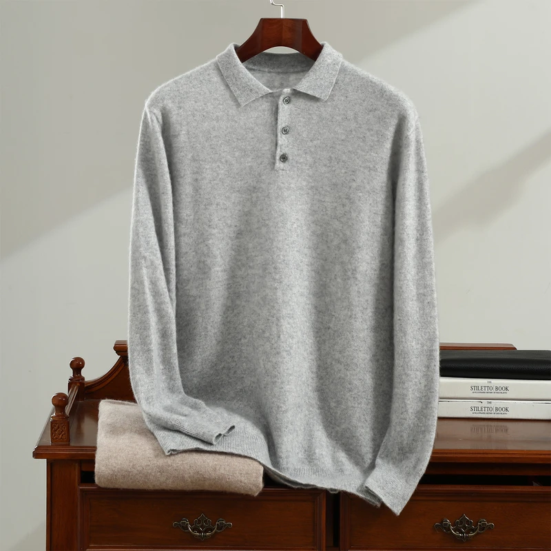 Roupas de outono e inverno 100% suéter de caxemira pura masculino gola polo suéter lapela de negócios camisa de fundo de malha quente