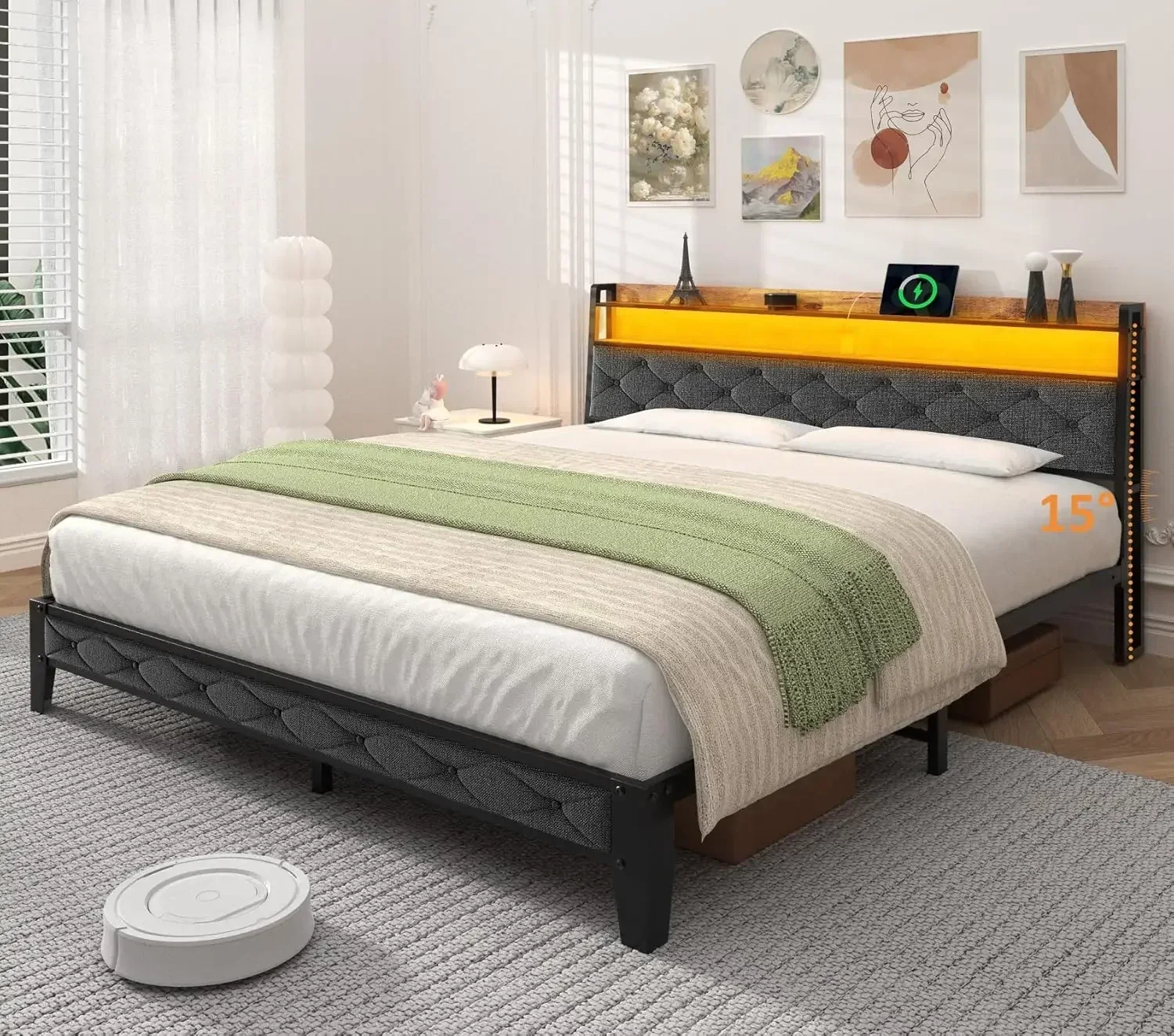 Full Size Bed Frame with LED Lights, Bed Frame with Charging Station, Metal Platform Bed Frame No Box Spring Needed, Easy Assemb