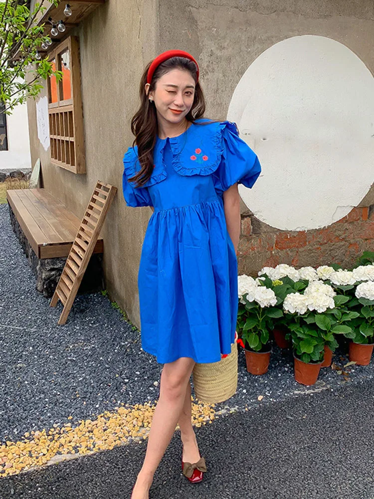 Summer parent-child dress Net red mother and daughter blue embroidered collar dress Summer  Dresses  family outfit matching