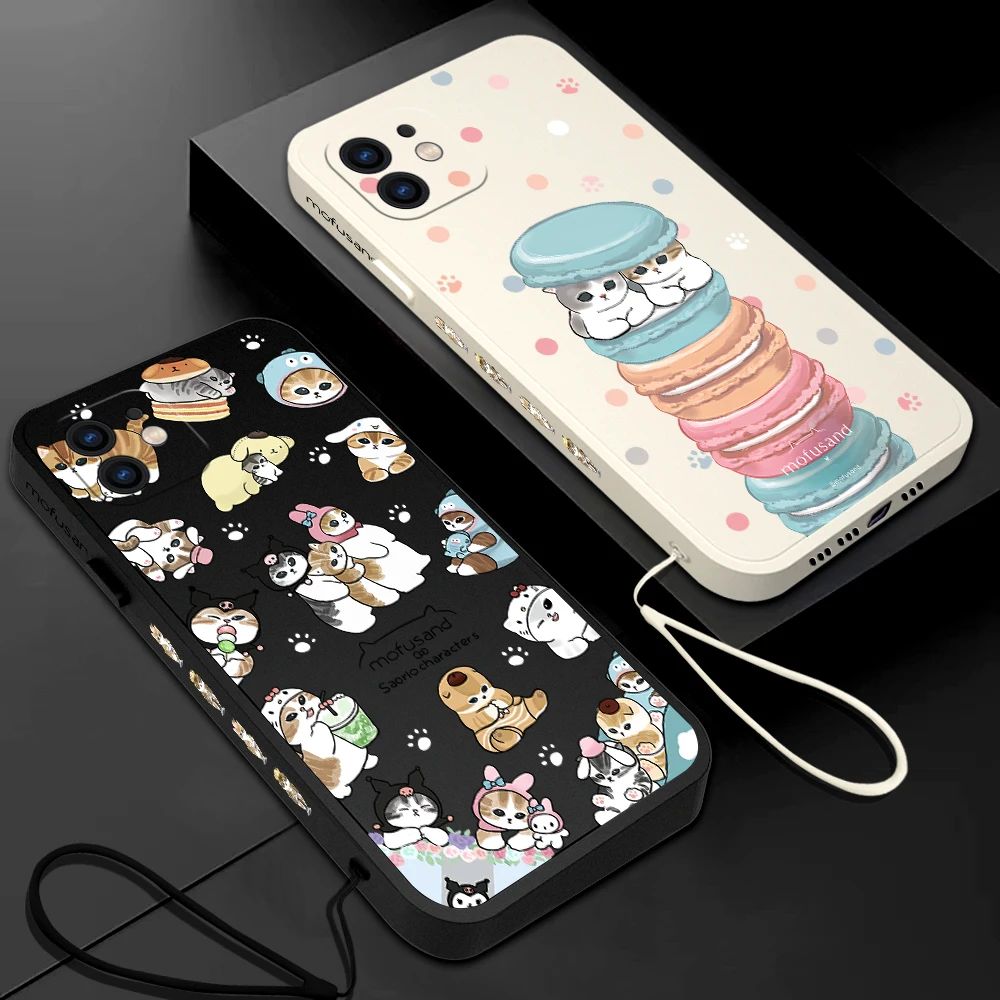 Cute M-mofusands cat Phone Case For iPhone 16 15 14 13 12 11 Pro Max Mini X XR XSMAX 6S Plus Soft Silicone Cover With Hand Strap