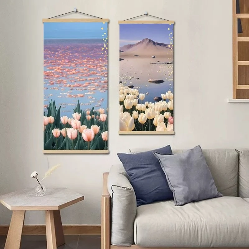 Wall Art Home Decor Sunrise Lake Landscape Painting Hanging Scroll Floral Healing Oil Painting Style for Bedroom Living Room