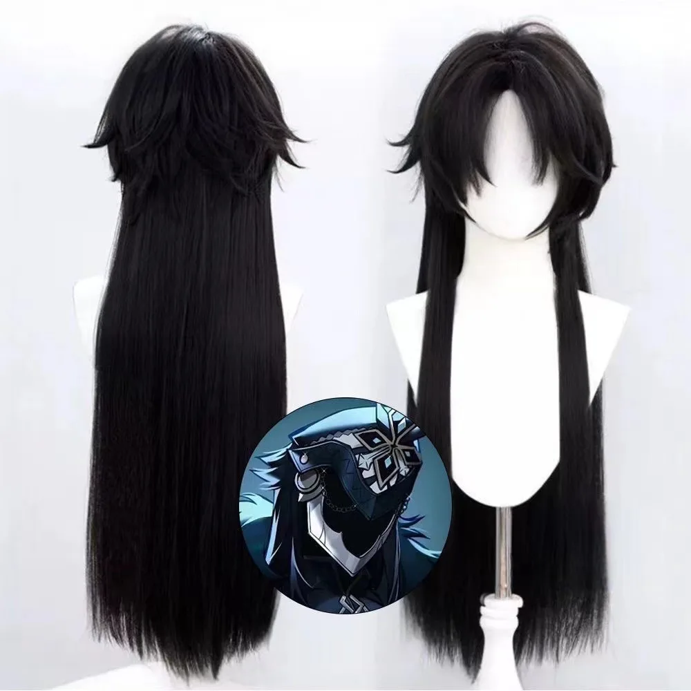 Genshin Impact Kapitein Cosplay Pruik Xiangyu Chen Lang Haar Teyvat's Chief Kapitein Zwart Omgekeerd Krullend Gelaagd Lang Haar