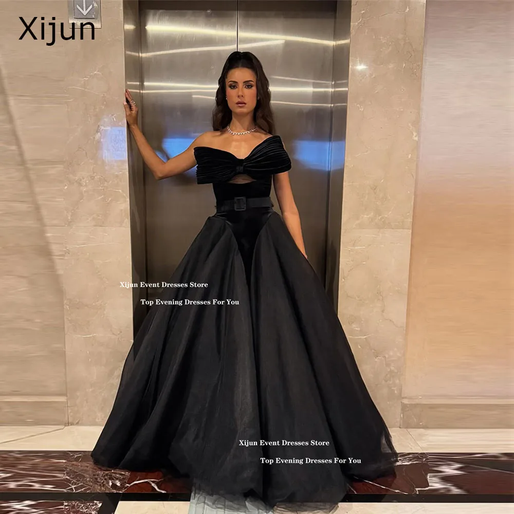Xijun Elegant Black Velvet Evening Dresses Bow A-Line Sleeveless Formal Prom Dresses Belt Formal Prom Gown Women 2026 Customized