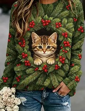 Women Long Sleeve Sweatshirt Christmas Wreath Orange Cat Print Crew Neck Casual Pullover Tops