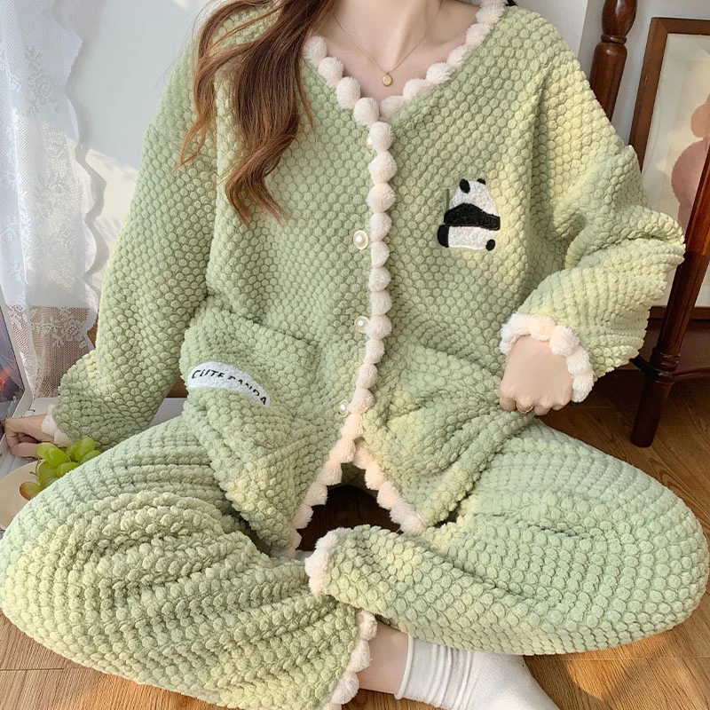 Winter Panda Print Coral Fleece Sleepwear Women's Pajamas With Pants Set Warm 2 Piece Sets Thicken Pajama Sets Home Wear Suit