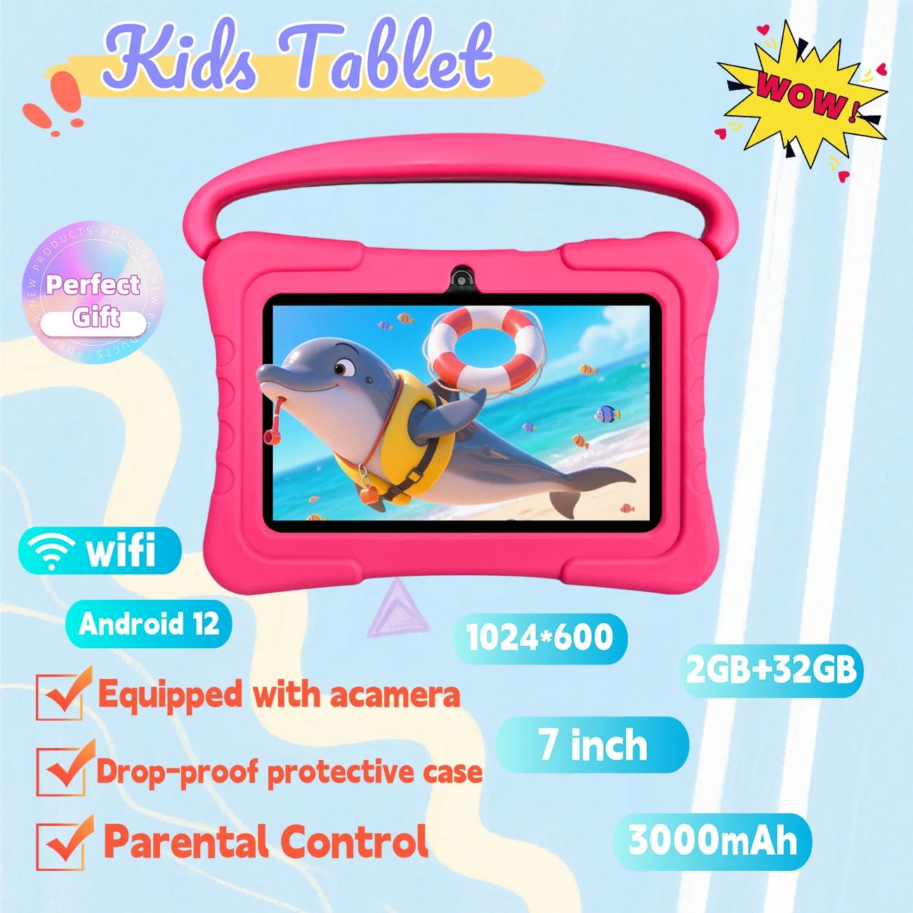 7 Inch Android Kids Tablet ， Educational Tablet with Dual Cameras, Designed for Boys & Girls as a Fun Learning Gift ， Blue