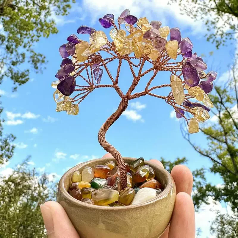 Hand‑Knitted Crystal Lucky Tree Ornament, Crystal Gravel & Teacup Base, Mini Decor for Home Interior & Vehicle