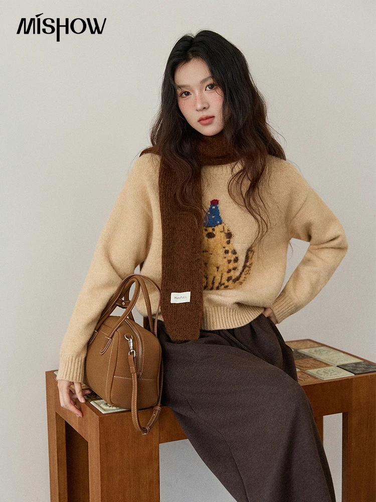 MISHOW Puppy Jacquard Sweater Women 2025 Winter Korean Style Loose Apricot Crew Neck Knitted Pullover Luxury Sweaters MXE88Z2596