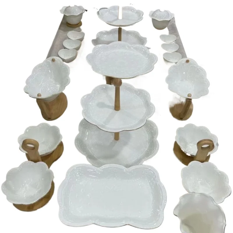 

Ceramic wood grain base fruit plate 24-head fruit plate exquisite full set of fruit plates
