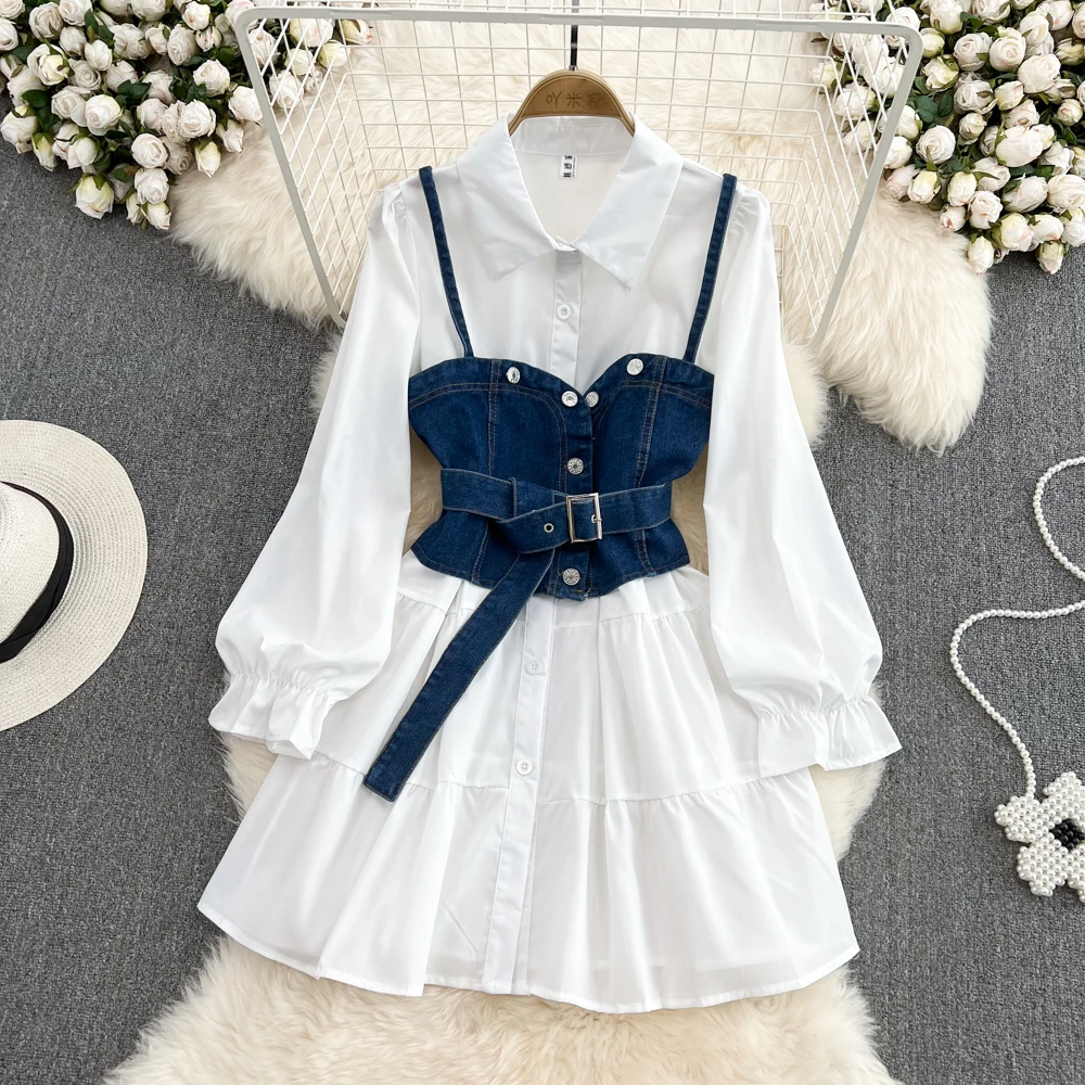 Korean Style A Line Shirt Dress - Retro Hong Kong Style Langarm-Jeanshemdkleid mit