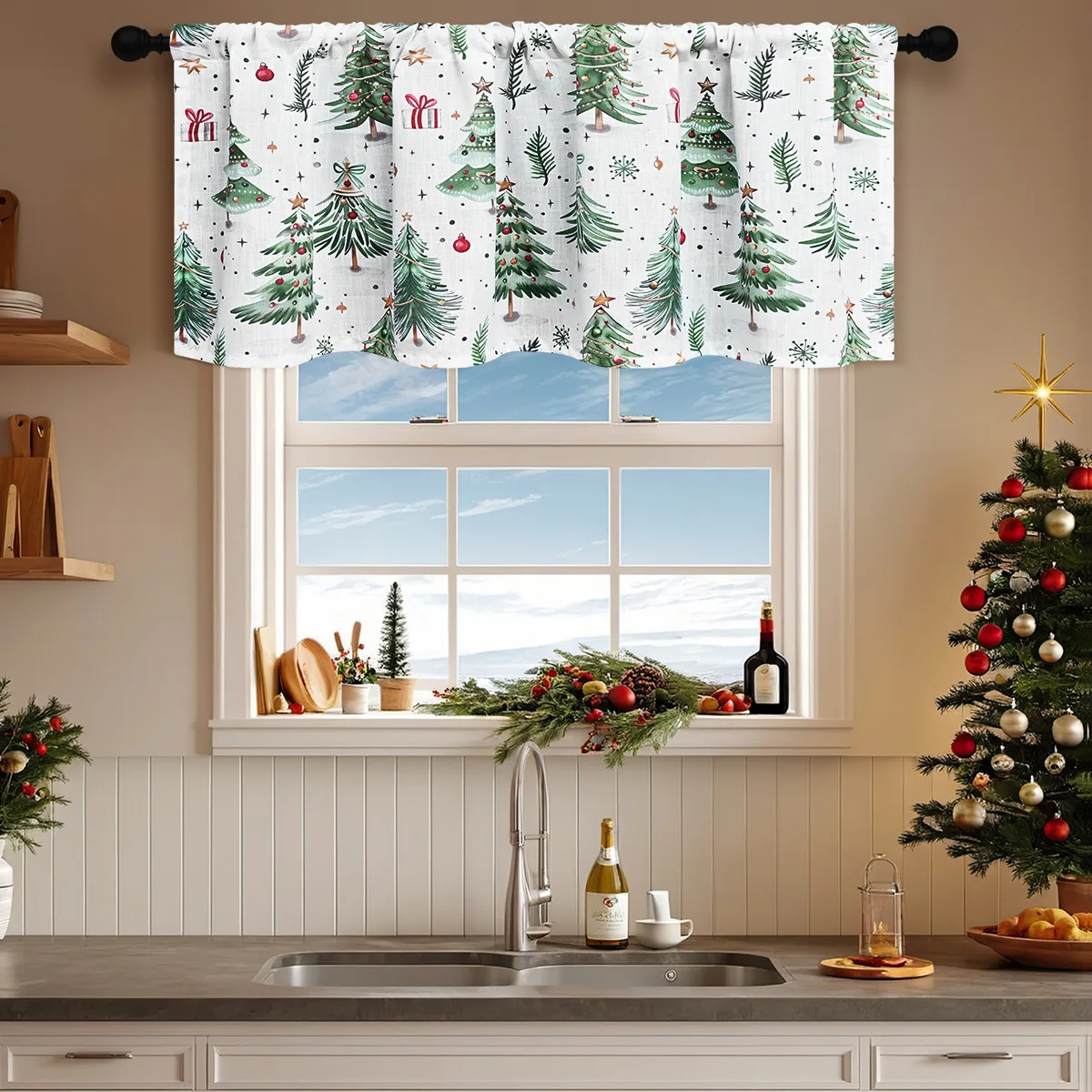 Christmas Tree Forest Pattern Short Curtain, Kitchen Blackout Partition Curtains, Soft Coffee Curtain, European Fashion