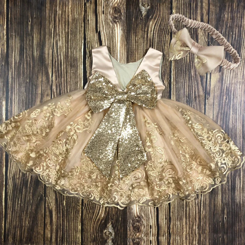 2024 children\'s birthday dress red princess dress children bow dress baby golden lace tutu skirt 3M12M24M2-7T