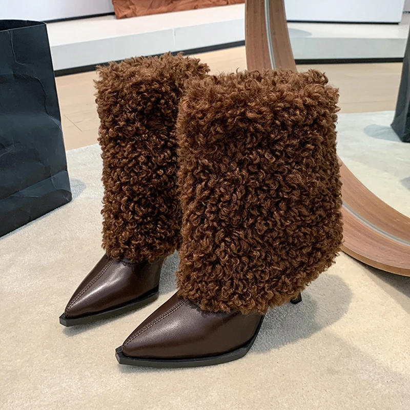 

Женские ботильоны на меху, элегантные модные женские ботинки с острым носком, туфли-лодочки на высоком каблуке-шпильке, зимние женские туфли 2025 года, новые теплые зимние ботинки