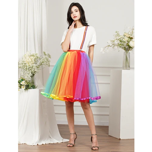 Falda corta colorida de arcoíris para mujer, banda elástica alta, 5 capas, tutú de tul suave, enagua de crinolina, vestido de fiesta de graduación para niñas