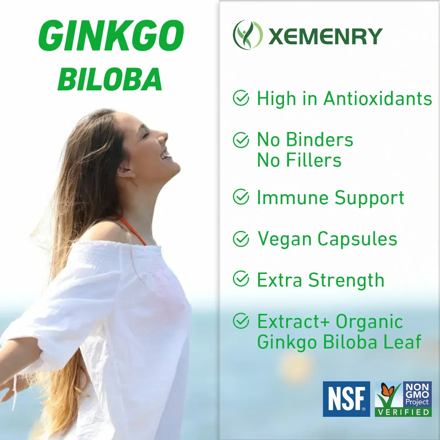 Ginkgo Biloba - Brain Health,  Memory Support, Concentration, Help Keeps Alert and Sharp, Non-GMO