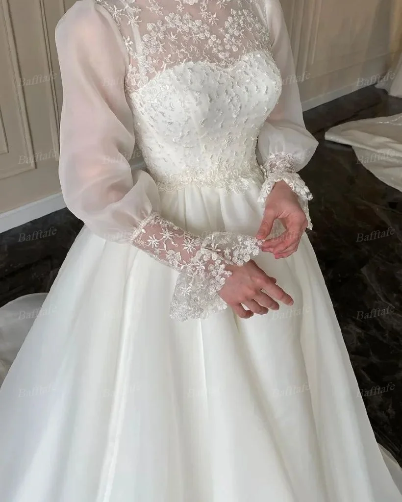 Bafftafe Arabic Organza Wedding Dresses Modest High Neck Bride Party Gowns Appliques Lace Long Sleeves Formal Bridal Gowns 2024