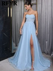 RFYR Blue Elegant Strapless Evening Gown for Woman Shiny Lace Embroid Party Dress for Wedding Sexy High Split Formal Gown