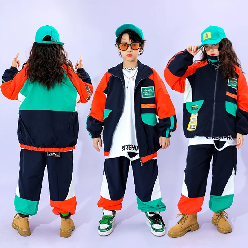 

2022 Jazz Dance Costumes For Kids Loose Coat Hiphop Pants Suit Performance Clothes Hip Hop Dancing Clothes Street Wear DQS11274