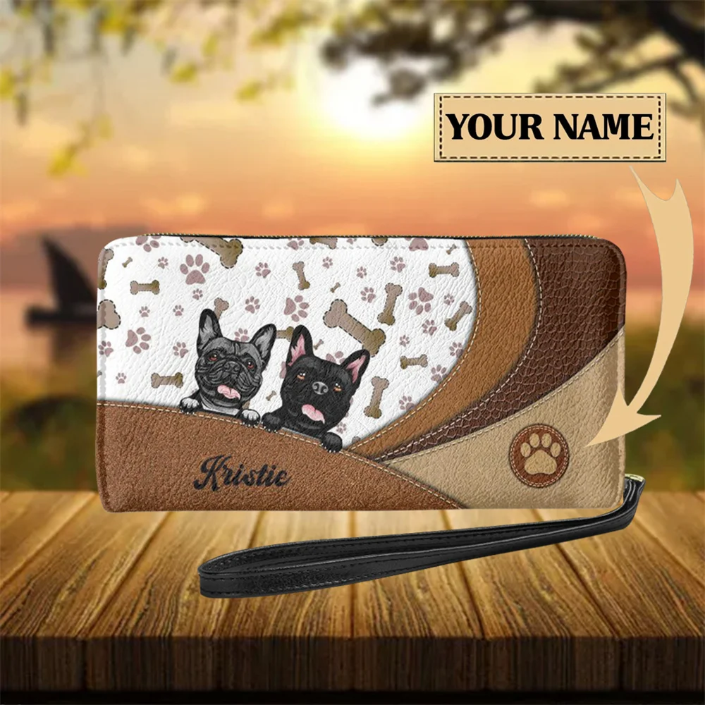 Long Wallet Thin Women Zipper Card Holder Kawaii French Bulldog Printed Brown Money Bag for Ladies Girls Travel Wristlet Clutch