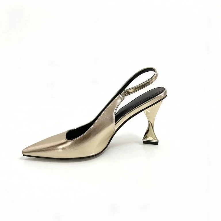Women Metallic Gold Slingback Pumps Pointed Toe Unique Geometric Block Heel Back Strap Slip On Ladies Elegant Evening Shoes