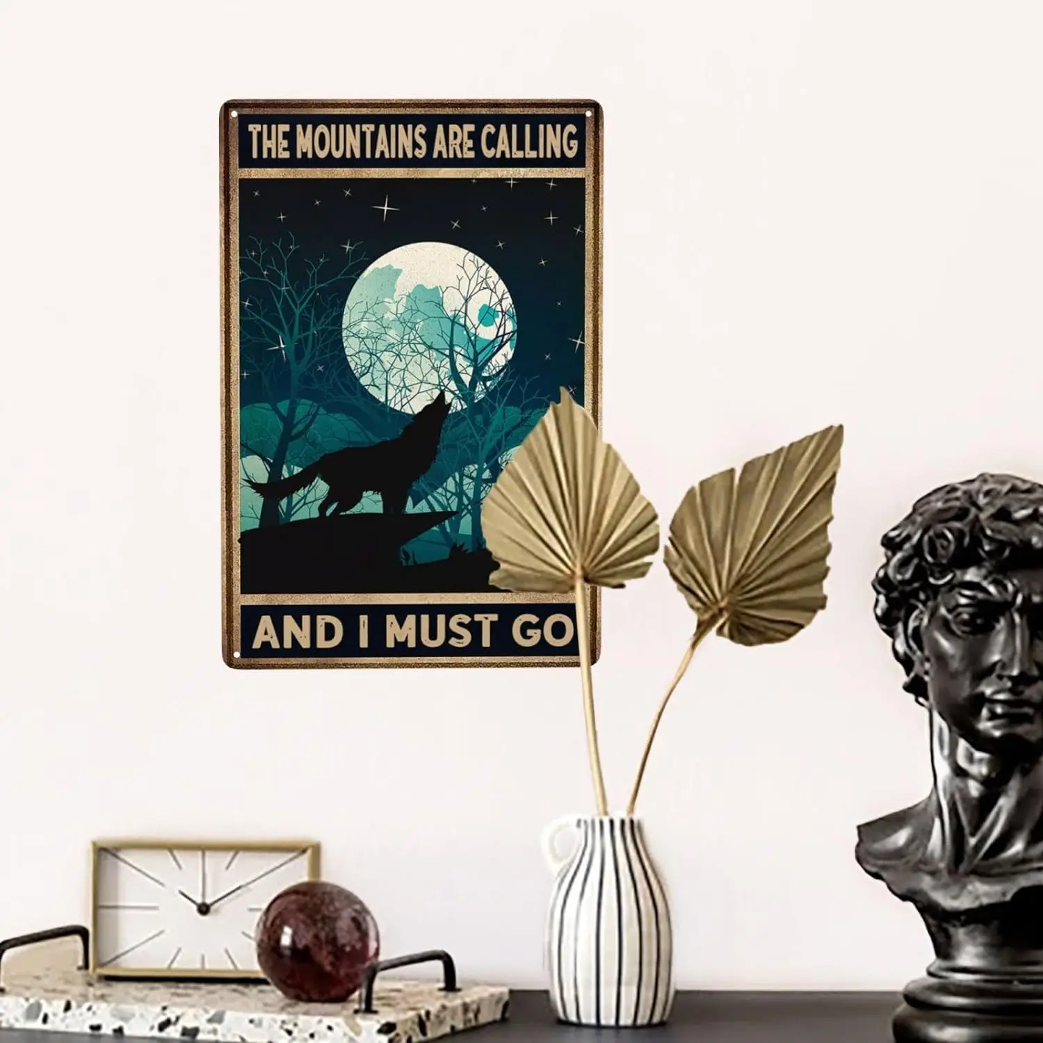 Vintage Metal Signs Aluminium Wall Art Decor Posters The Mountains Are Calling And I Must Go Moonlit Night Wolves Retro