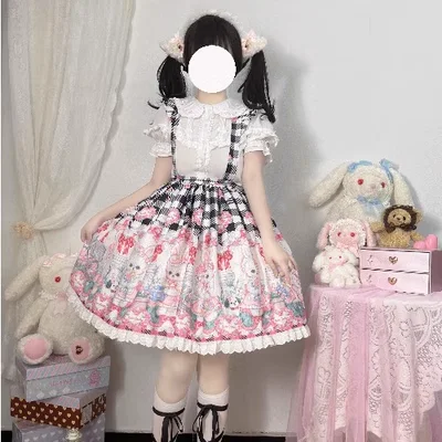 Lolita Rose Rabbit Print Dress Cute Half Skirt Short Skirt SK Strap Skirt Gothic Dress Tea Party Sweet Lolita Skirt With Shirt