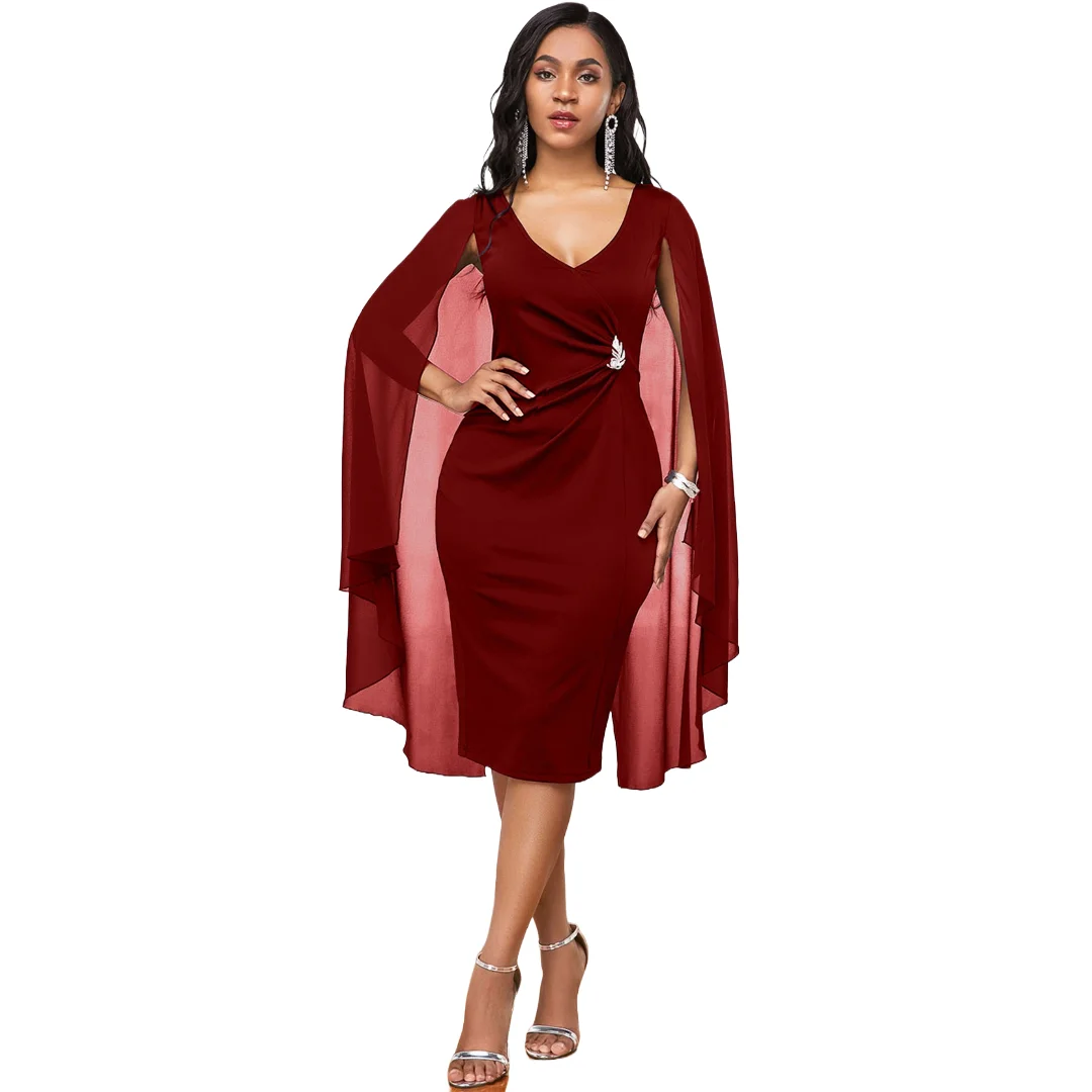 

Burgundy Short Sleeves Knee-Length Lace and Chiffon V-Neck Weddings Cocktail Dresses Parties and Formal Events Gowns Plus Size