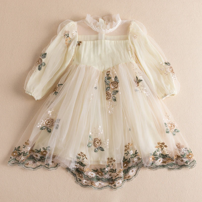 2 6 8 Yrs Spring Girls Princess Dresses Long Sleeve Autumn Kids Tulle Vestidos Flower Elegant Party Dress Children Casual Cloth