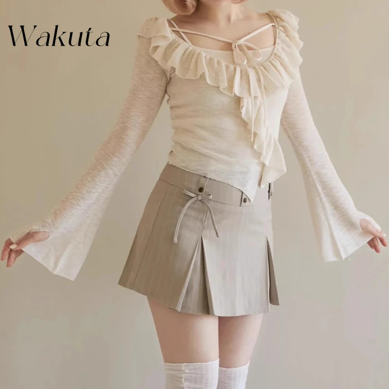 

WAKUTA Japanese Summer Sweet V-neck Ruffled Lace Up Long Sleeved Knitte Sweater Harajuku Y2k Subculture Suspender Two-piece Set