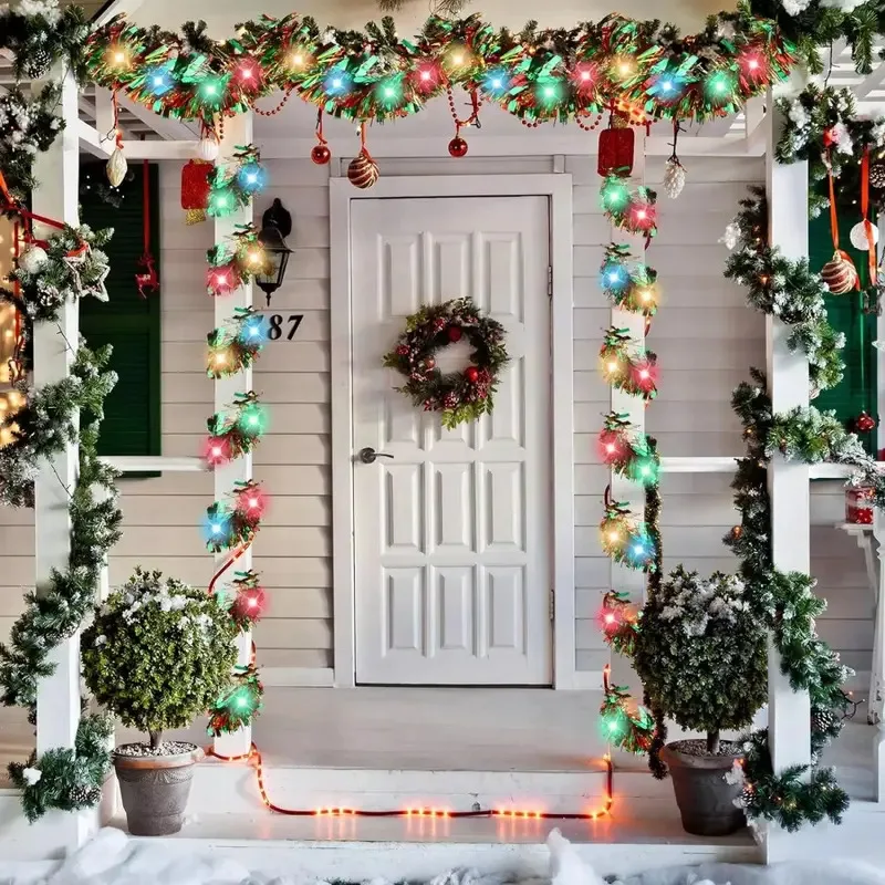 1pc Christmas Tinsel Garland Metallic Shiny Garland With LED Lights Christmas Tree Garland Thick Hanging Suitable For Home Decor