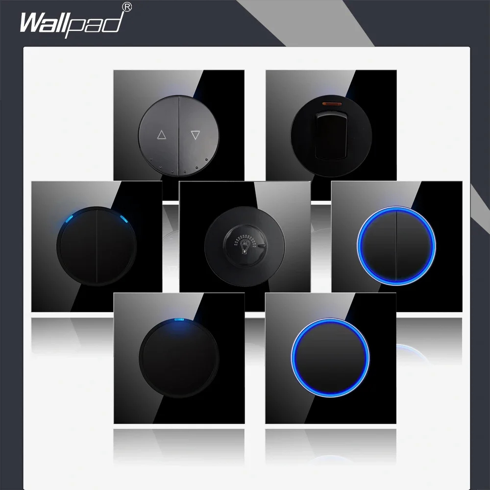 Black Glass Crystal Panel Wall Light Switch Round Button Circle LED Ring 1 to 4 Gang Fan Speed Dimmer 45A Double Pole Switch