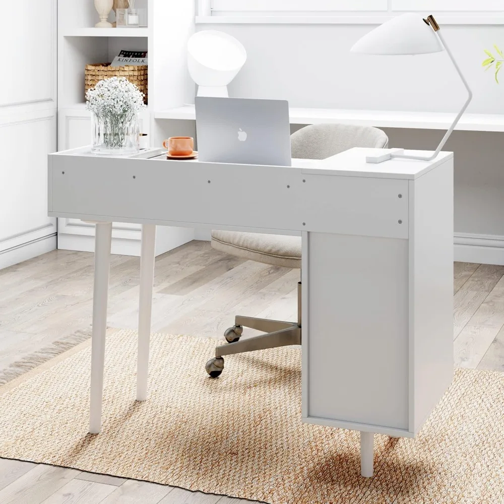 Vanity Dressing Table or Makeup Desk with 4-Drawers and Brass Accent Knobs, White Wood