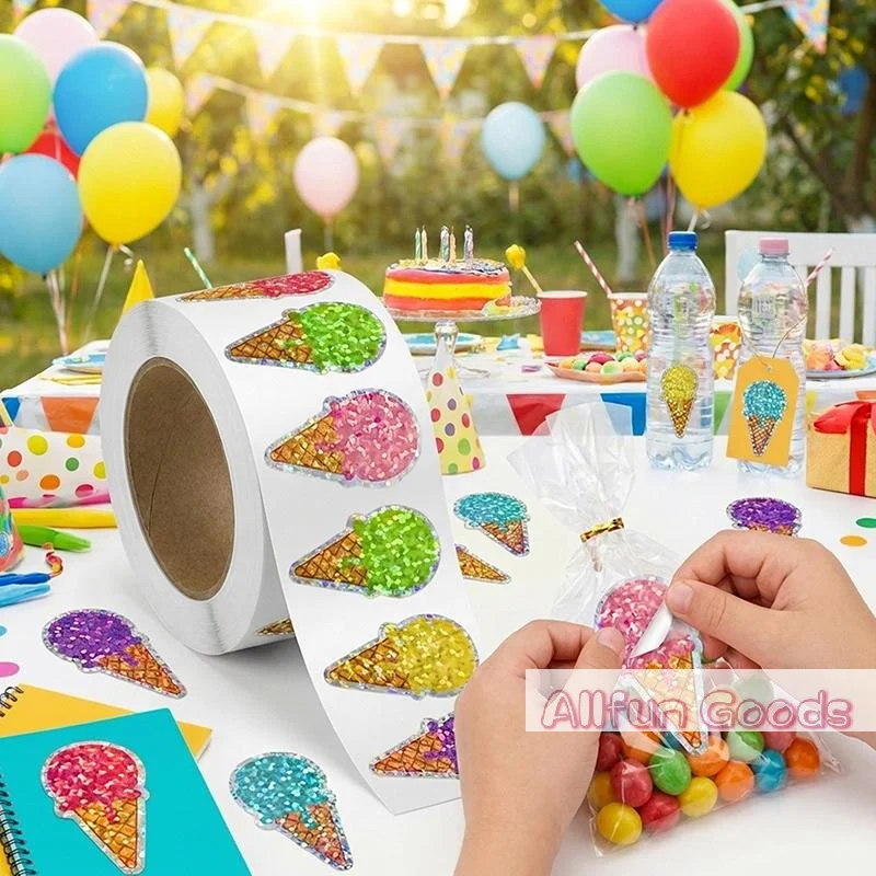 100-500 Pcs Summer Ice Cream Stickers Roll Holographic Ice Cream Cone Stickers Colored Waterproof Self-Adhesive Decals for Gift