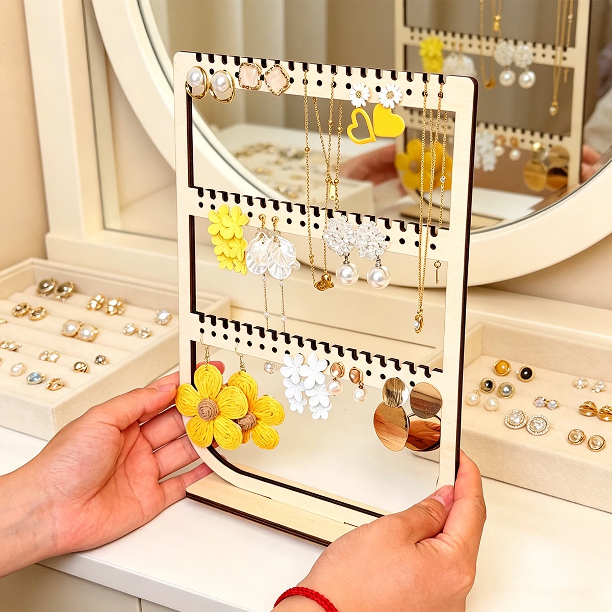 1pc Wooden Earrings Necklace Vertical Desktop Jewelry Display Storage Rack Detachable Portable Three-Layer Jewelry Storage Rack