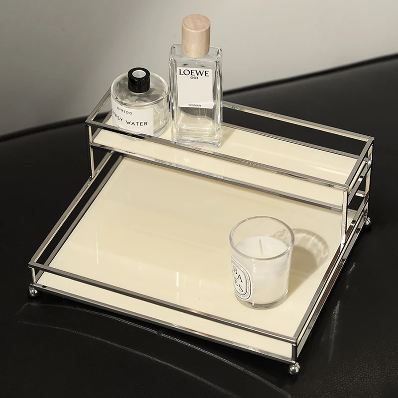 

Modern & Simple Light Luxury Cosmetics Shelf, Double-Layered Storage Rack for Skin Care Products, Metal Silver Desktop Dresser