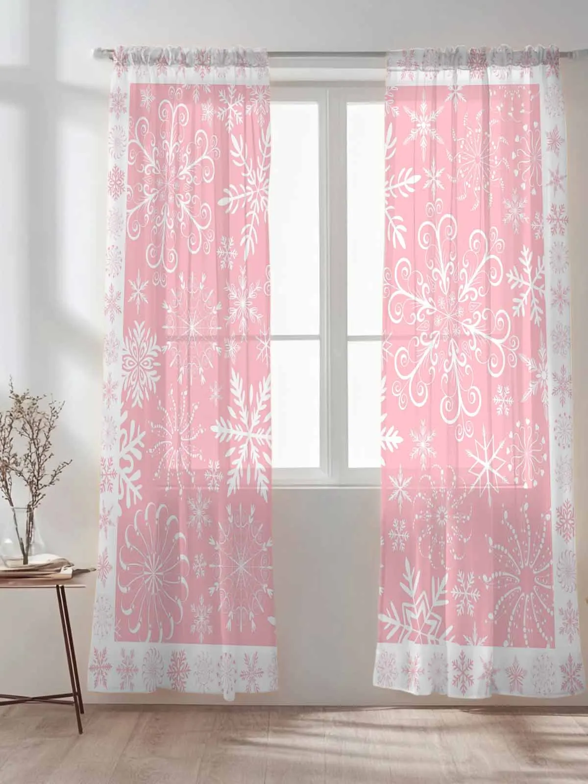 

Vintage Christmas Pink Snowflakes Tulle Sheer Curtains for Living Room Bedroom Kitchen Decoration Voile Organza Curtains
