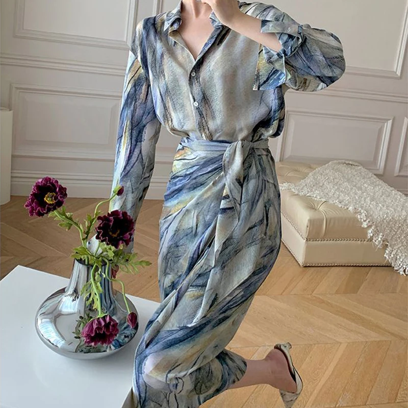 

2024 Unique Pattern Early Autumn Van Gogh Tone Commuting French Shirt Half Skirt Thin Set Women's Early Autumn